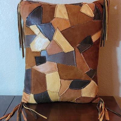 Vintage Leather Patch work Pillow with Tassels