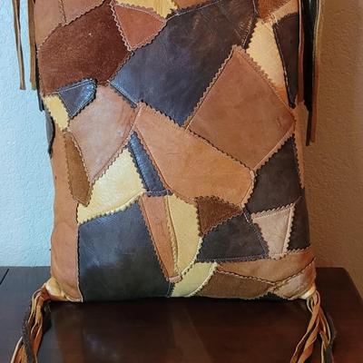 Vintage Leather Patch work Pillow with Tassels