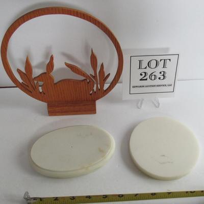 2 Stone Figurine Stands and Wood Duck Cutout