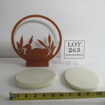 2 Stone Figurine Stands and Wood Duck Cutout