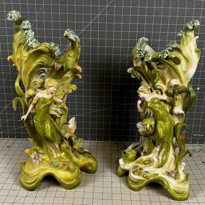 Art Nouveau Saxony Vase PAIR Green with Fabulous Ladies 