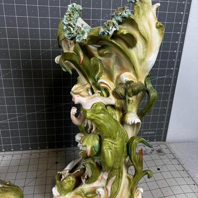 Art Nouveau Saxony Vase PAIR Green with Fabulous Ladies 