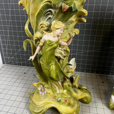 Art Nouveau Saxony Vase PAIR Green with Fabulous Ladies 