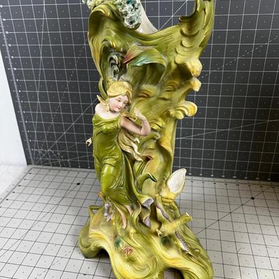 Art Nouveau Saxony Vase PAIR Green with Fabulous Ladies 