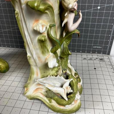 Art Nouveau Saxony Vase PAIR Green with Fabulous Ladies 