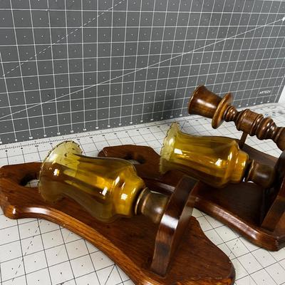 Wall Sconce Candle Holders Wood & Glass Vintage 