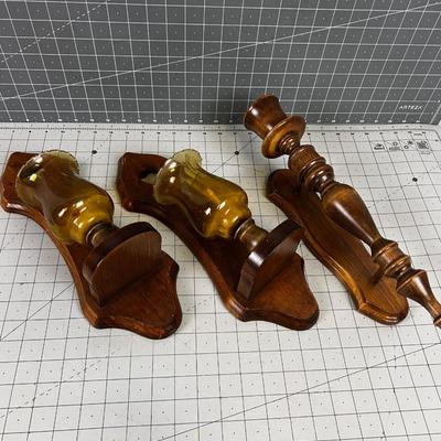 Wall Sconce Candle Holders Wood & Glass Vintage 