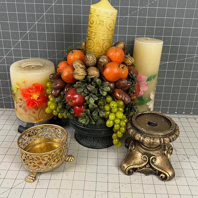 (3) Large Vintage Candles and Candle Holders 