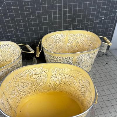 (3) NEW tin Planter or Buckets Oval, COTTAGE STYLE By HD Design 
