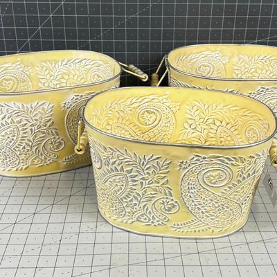 (3) NEW tin Planter or Buckets Oval, COTTAGE STYLE By HD Design 