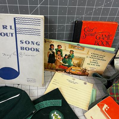 SUPER Girl Scout LOT: Den Mother Dress, Books; Hand & Song Books, Uniform Sash, Merit Badges, Pins, Girl Scout Watch too. 