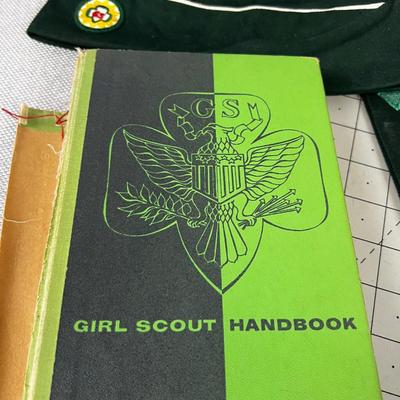 SUPER Girl Scout LOT: Den Mother Dress, Books; Hand & Song Books, Uniform Sash, Merit Badges, Pins, Girl Scout Watch too. 