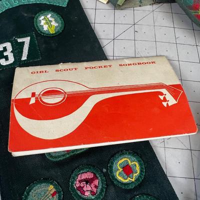 SUPER Girl Scout LOT: Den Mother Dress, Books; Hand & Song Books, Uniform Sash, Merit Badges, Pins, Girl Scout Watch too. 