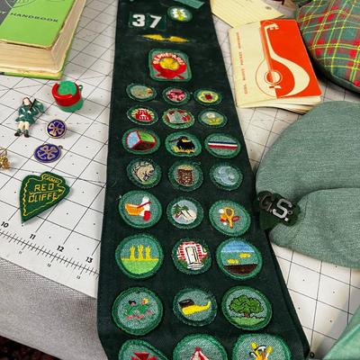 SUPER Girl Scout LOT: Den Mother Dress, Books; Hand & Song Books, Uniform Sash, Merit Badges, Pins, Girl Scout Watch too. 