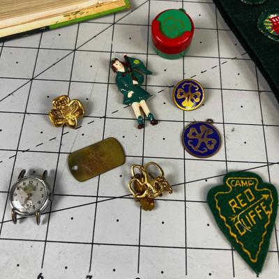 SUPER Girl Scout LOT: Den Mother Dress, Books; Hand & Song Books, Uniform Sash, Merit Badges, Pins, Girl Scout Watch too. 