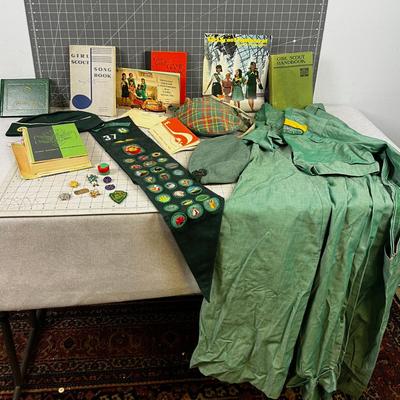 SUPER Girl Scout LOT: Den Mother Dress, Books; Hand & Song Books, Uniform Sash, Merit Badges, Pins, Girl Scout Watch too. 