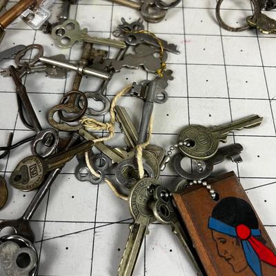 Collection Of Antique Keys: Old Car Keys, Skeleton Keys, hand Cuff, Safety Deposit ETC. 