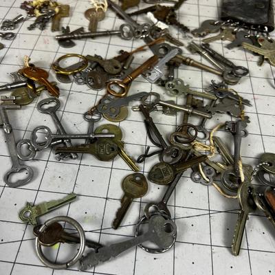 Collection Of Antique Keys: Old Car Keys, Skeleton Keys, hand Cuff, Safety Deposit ETC. 