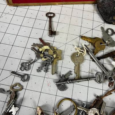 Collection Of Antique Keys: Old Car Keys, Skeleton Keys, hand Cuff, Safety Deposit ETC. 