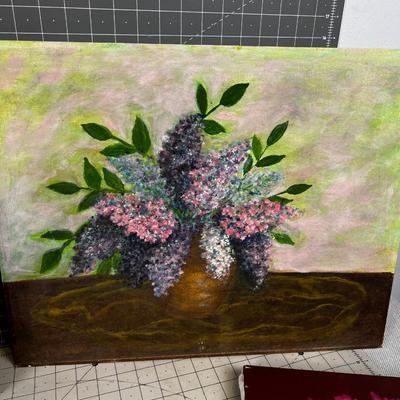 4 Amateur Paintings, Flowers, still life and landscape