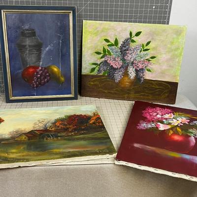 4 Amateur Paintings, Flowers, still life and landscape