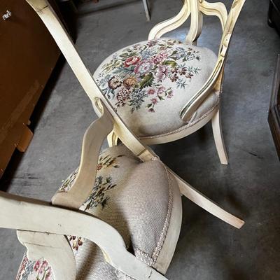 Off White Wood and Oatmeal Needle Point PAIR of Chairs