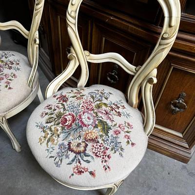 Off White Wood and Oatmeal Needle Point PAIR of Chairs