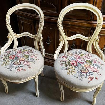 Off White Wood and Oatmeal Needle Point PAIR of Chairs