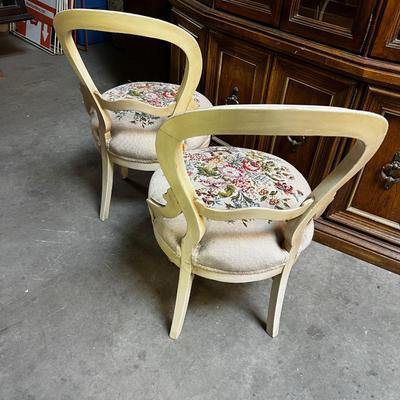 Off White Wood and Oatmeal Needle Point PAIR of Chairs