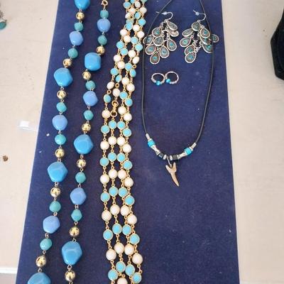 BLUE BEADED NECKLACES-SHARK TOOTH PENDENT AND TWO PAIR EARRINGS