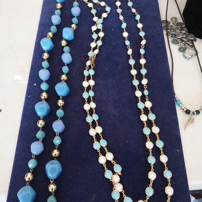 BLUE BEADED NECKLACES-SHARK TOOTH PENDENT AND TWO PAIR EARRINGS
