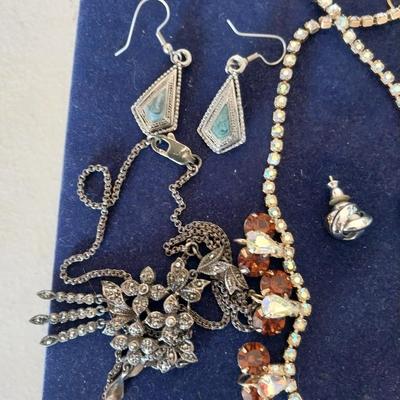 VINTAGE PAINTED BROACH-RINESTONE NECKLACE-BRACELETS AND EARRINGS