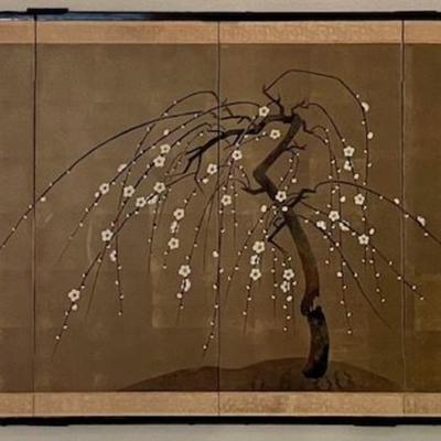 Vintage Four Panel Japanese Byobu Flowering Cherry