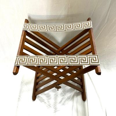 752 Vintage Maple Wood Luggage Rack with Greek Key Straps