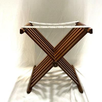 752 Vintage Maple Wood Luggage Rack with Greek Key Straps