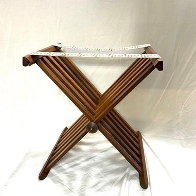 752 Vintage Maple Wood Luggage Rack with Greek Key Straps