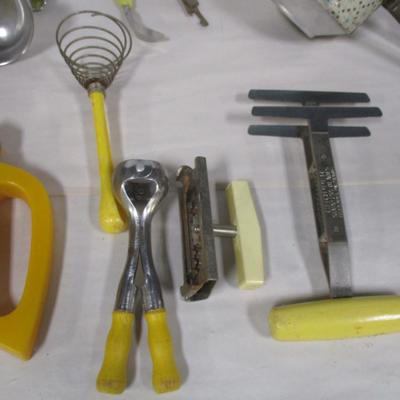 Great Collection of Vintage Kitchen Utensils includes Bromwell Sifter and Tole Rolling Pin