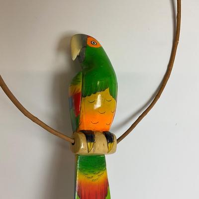 767 Wooden Hand Carved Painted Parrot on Bamboo Holder