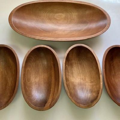 Five Oval Wooden Salad Bowls