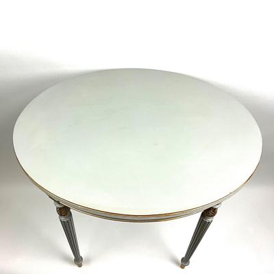 802 Hand painted Gray and Gold Mahogany Base Oval Table