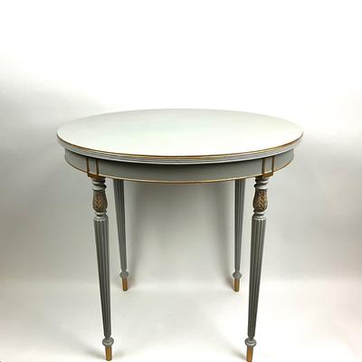 802 Hand painted Gray and Gold Mahogany Base Oval Table