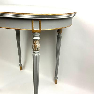 802 Hand painted Gray and Gold Mahogany Base Oval Table