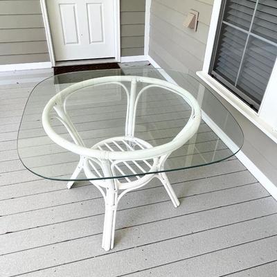 White Rattan Outdoor Patio Table With Glass Top