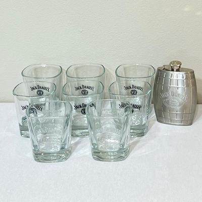 JACK DANIELâ€™S ~ Set Of Eight (8) Lowball Rocks Glasses & Stainless Steel Flask