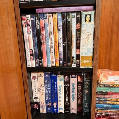 Large Lot DVDs, VHS w/ Shelf