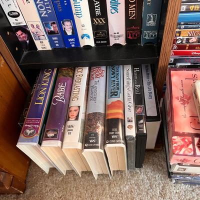 Large Lot DVDs, VHS w/ Shelf