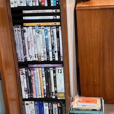 Large Lot DVDs, VHS w/ Shelf