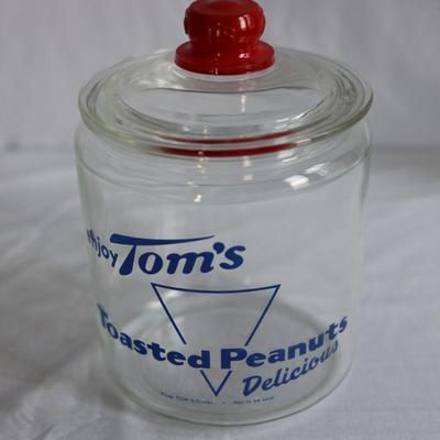 Large 1950s Tom's Toasted Peanuts Glass Jar with Lid