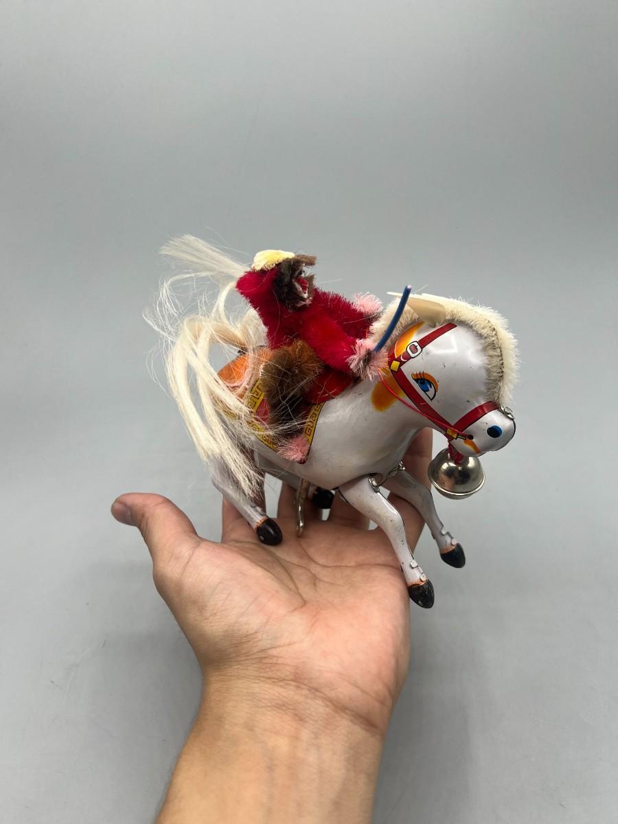 Vintage Monkey Riding Horse Wind Up Japanese Tin Toy with