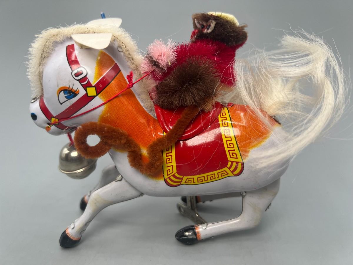 Vintage Monkey Riding Horse Wind Up Japanese Tin Toy with